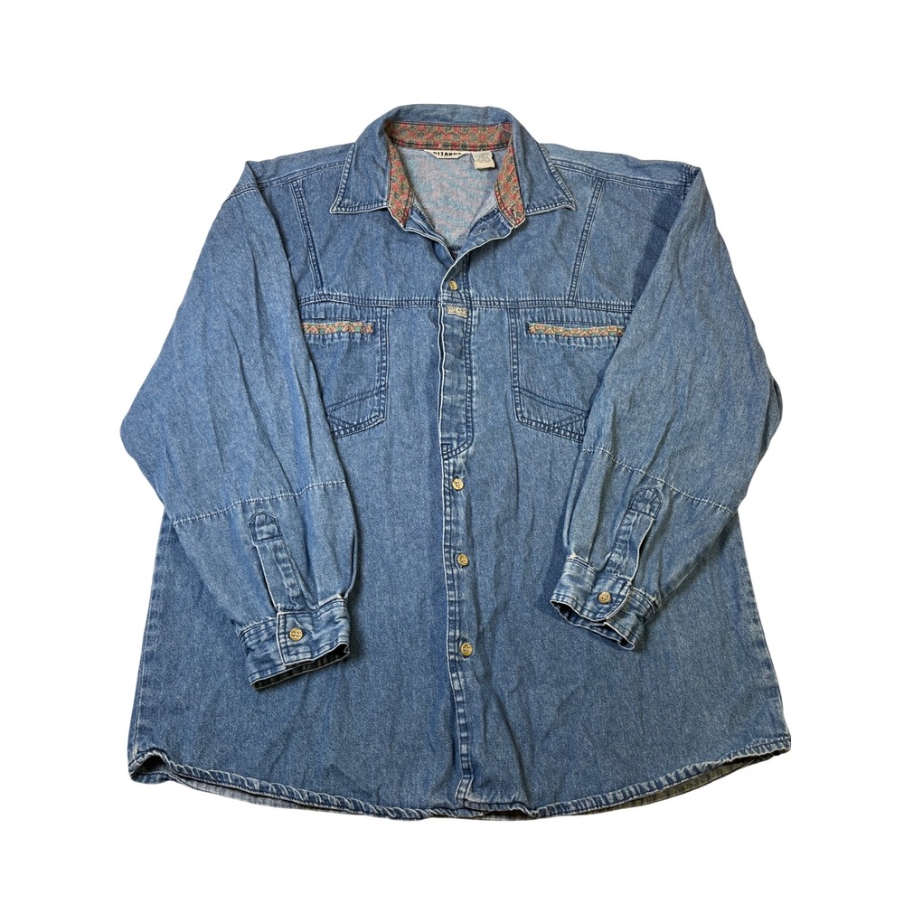 Vintage Gitano Mens Blue Denim Button Down Shirt Southwestern Trim Large L